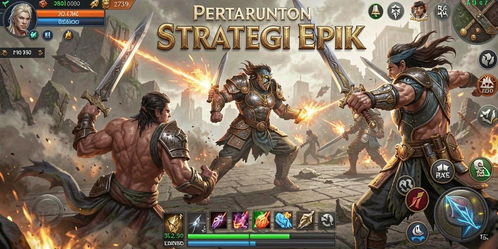 Screenshot menampilkan aksi seru pertempuran dalam game Strategy.