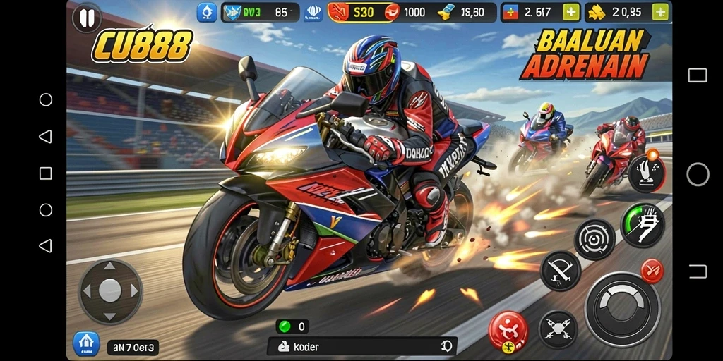 Screenshot CU888 menampilkan aksi balapan motor yang mendebarkan.