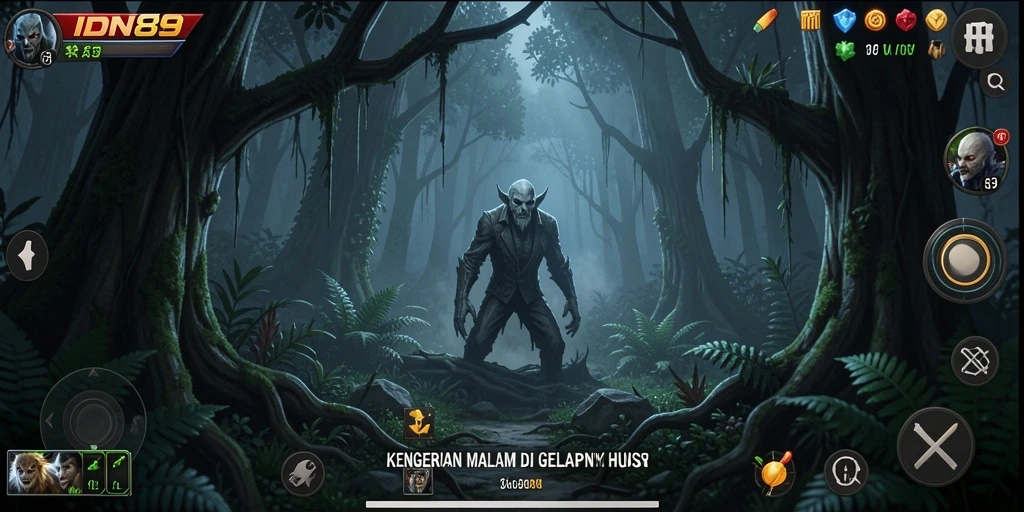 Screenshot gameplay menegangkan dari IDN89 di hutan gelap.