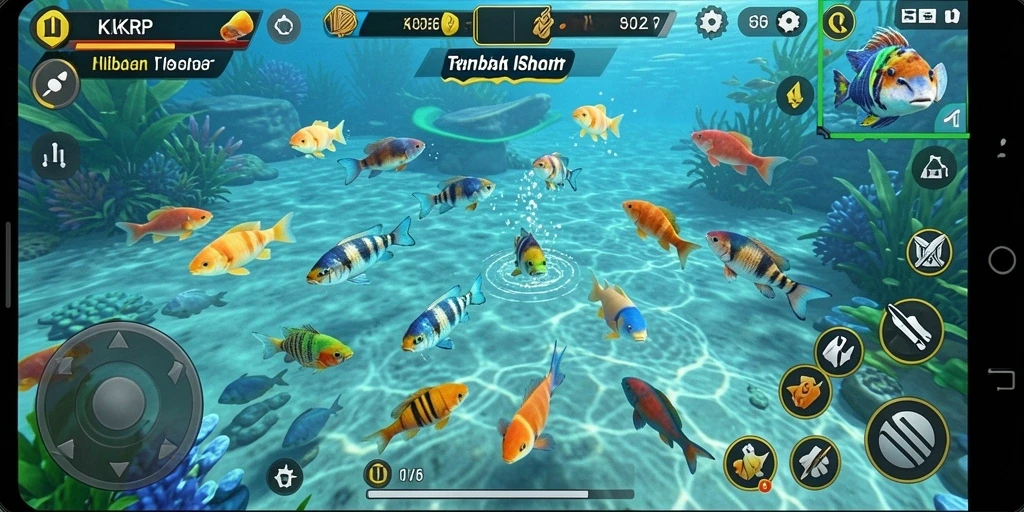 Tampilan gameplay KKRP dengan grafik yang menawan di dalam laut.