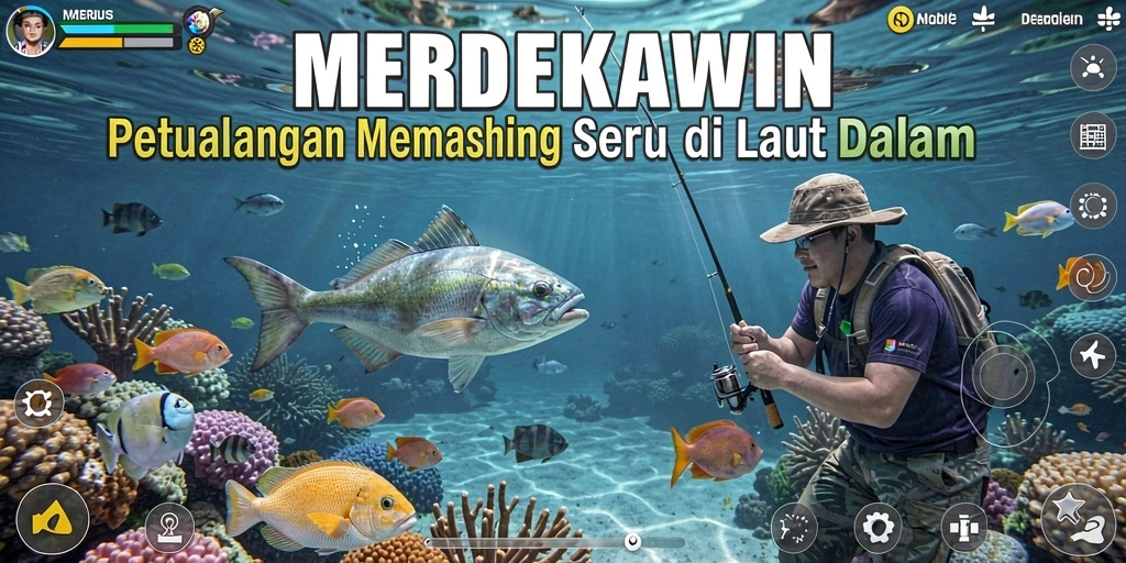 Tampilan gameplay seru di MERDEKAWIN dengan berbagai jenis ikan.