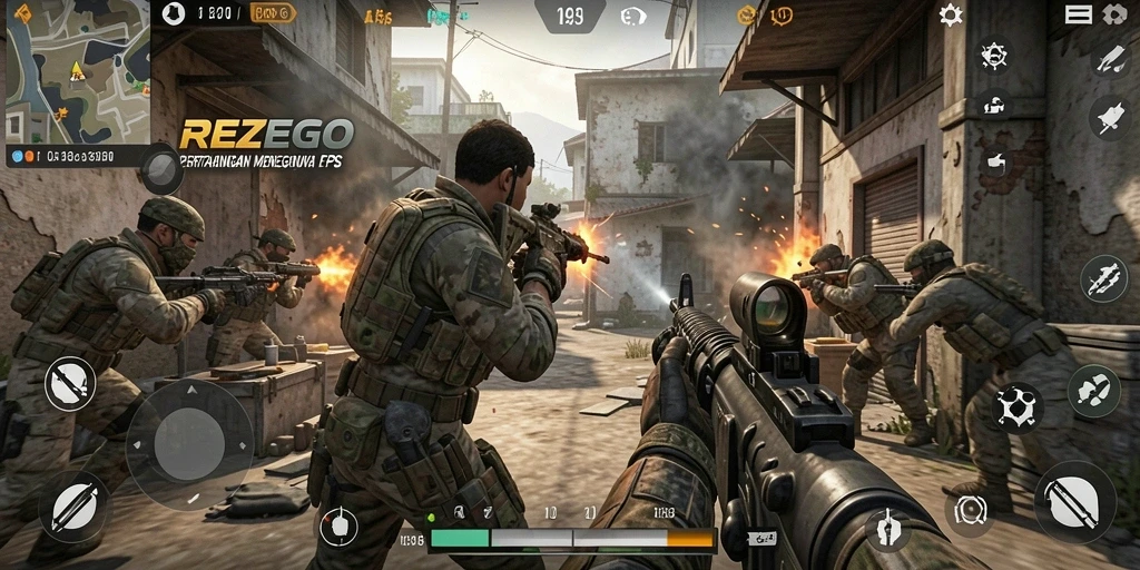 Tampilan seru dari gameplay REZEGO di medan perang FPS.