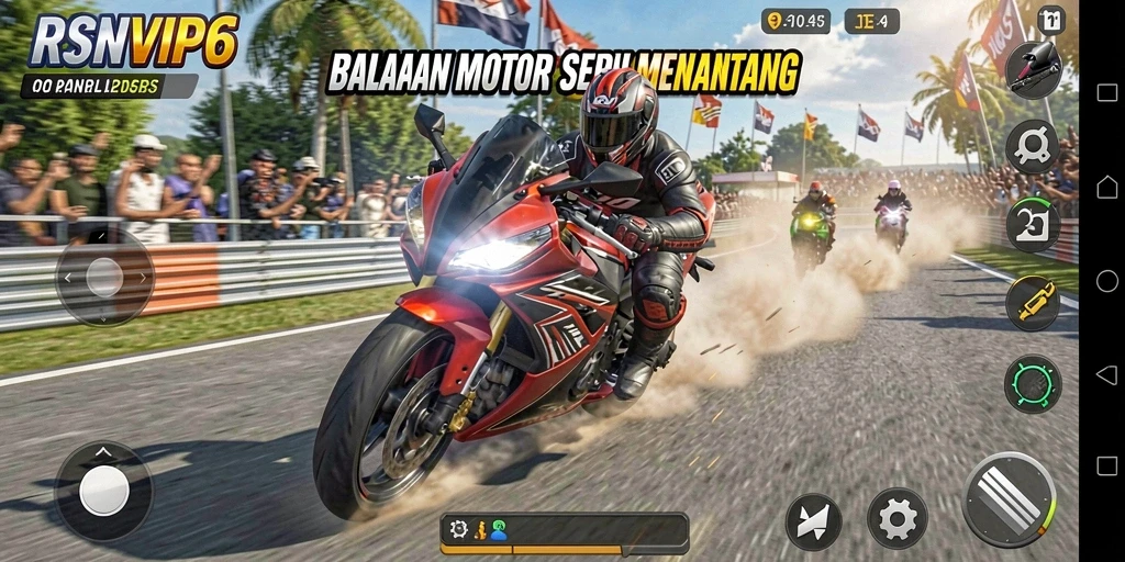 Screenshot gameplay RSNVIP6 menampilkan balapan motor yang mendebarkan.