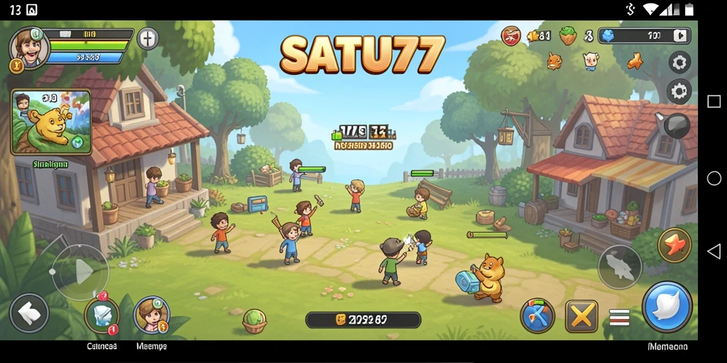 Tampilan gameplay SATU77 yang ceria dan penuh warna.