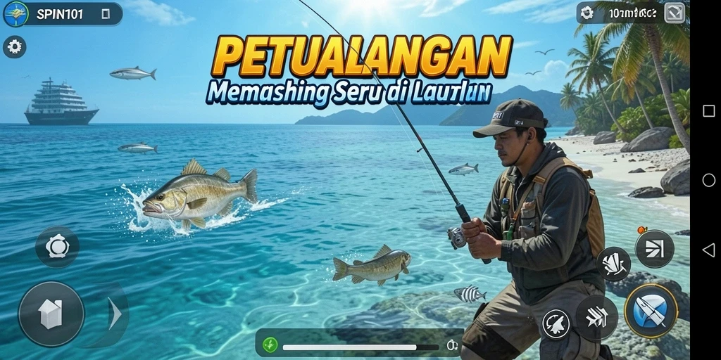 Tampilan gameplay SPIN101 yang menarik saat memancing di laut.