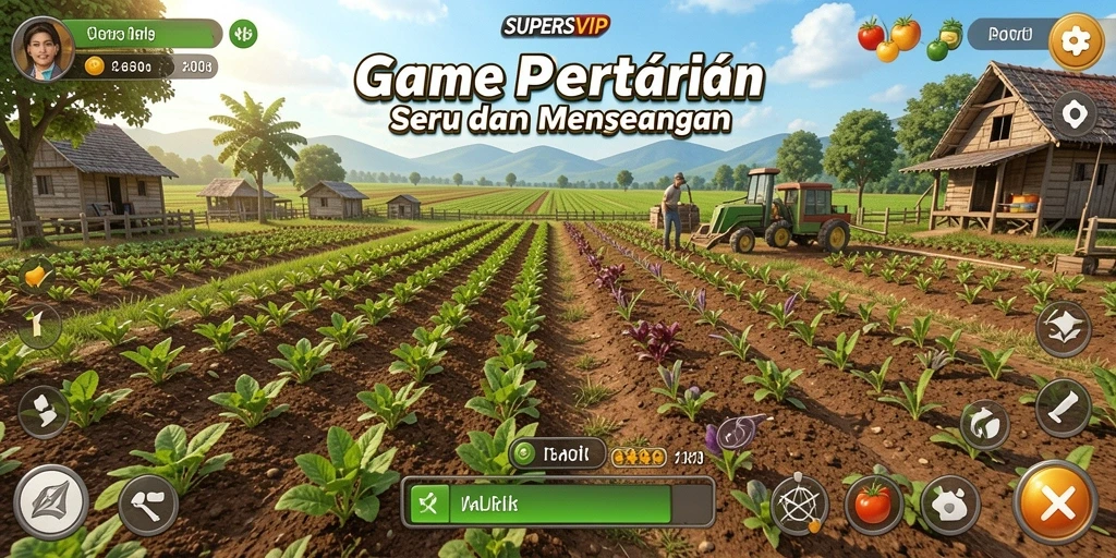 Screenshot gameplay SUPERSVIP menunjukkan kebun yang subur dan penuh warna.